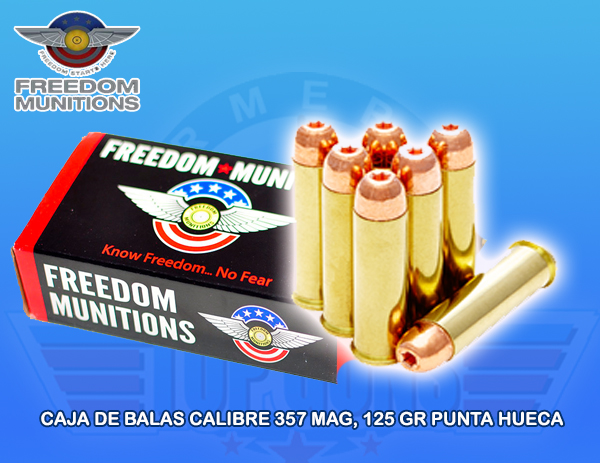 Caja de Balas marca FREEDOM, calibre .357, 125Grs, PUNTA HUECA (HP), Armeria Top Guns